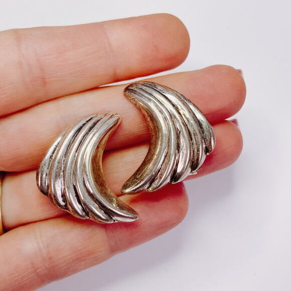 VTG Sterling Silver ND 925 Modernist Wave Clip On Earrings Sculptural Minimalist - Picture 2 of 11
